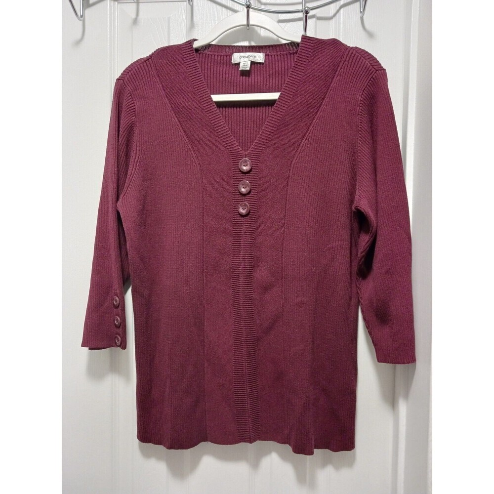 Dressbarn Women's 3/4 Sleeve V Neck Burgundy Top Sweater Size14/16